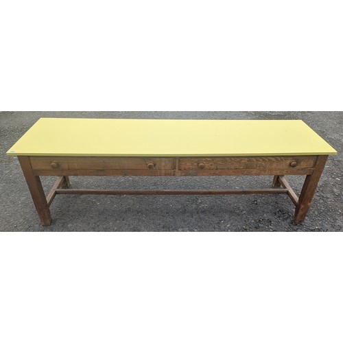 1502 - Very Large Antique Table Frame With Yellow Formica Top - With 2 Drawers