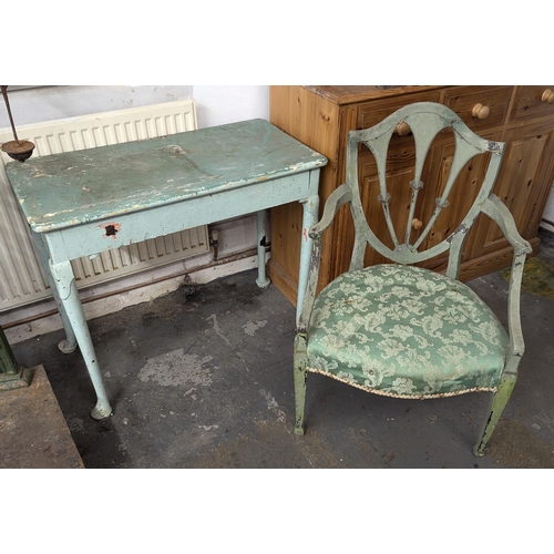 586 - A Green Painted Table and Shield Back Armchair