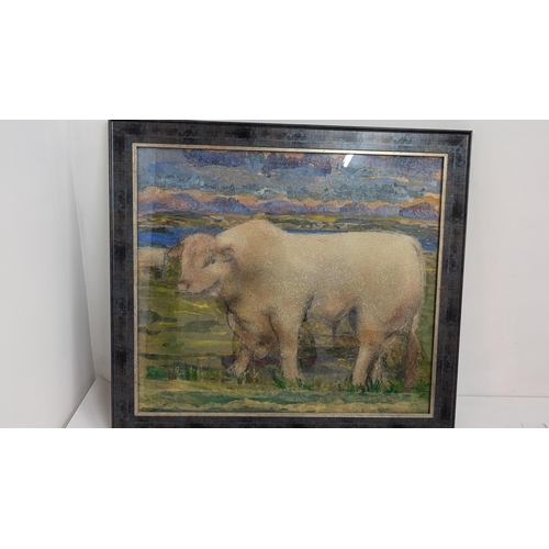 1348 - Mixed Media Charlemagne Cow Picture in Frame. 88cm x 80cm 
No Commission to Pay as Charity Item ( ea... 