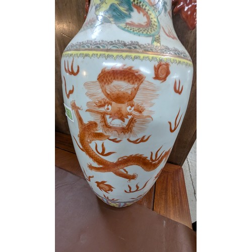 839 - A Large Famille Rose Chinese Vase With Dragon Motif On Wooden Base - 56 x 26cm