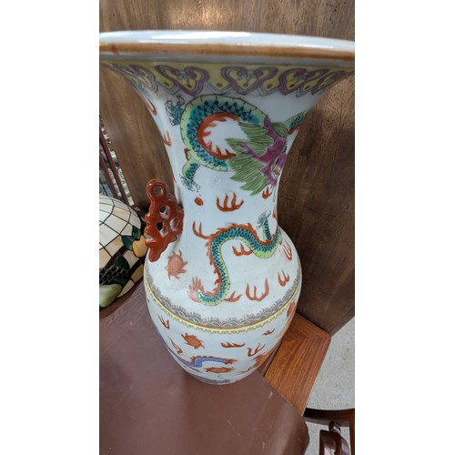 839 - A Large Famille Rose Chinese Vase With Dragon Motif On Wooden Base - 56 x 26cm