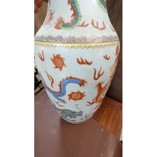 839 - A Large Famille Rose Chinese Vase With Dragon Motif On Wooden Base - 56 x 26cm