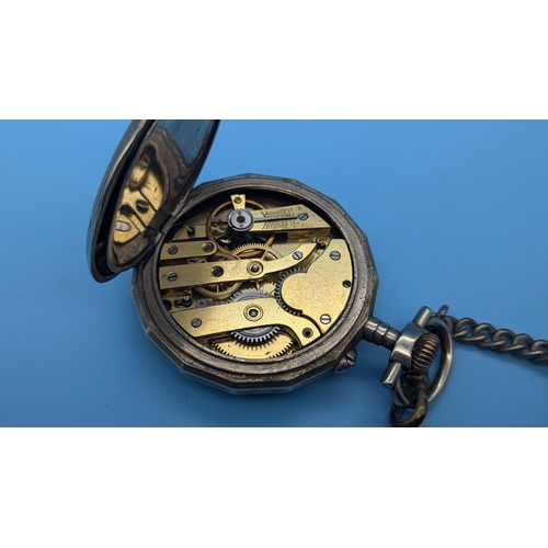 202 - A Working Regulator Pocket Watch with Albert Chain showing a white enamel dial, Arabic Numerals 12h/... 