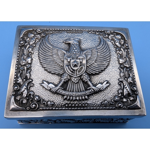 200 - A .925 Silver Cigarette Box Bearing the Indonesian Eagle Size 10.5cm x 8.5cm x 4cm