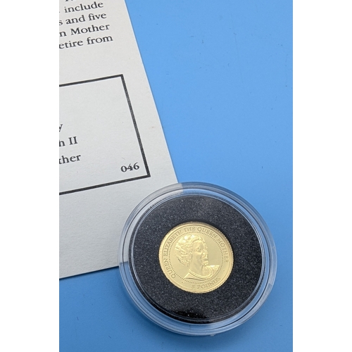 274 - A 1999 Guernsey 24ct Gold Proof £5 Coin Queen Mother Miniature 1.29gms/1.25oz 999 Gold