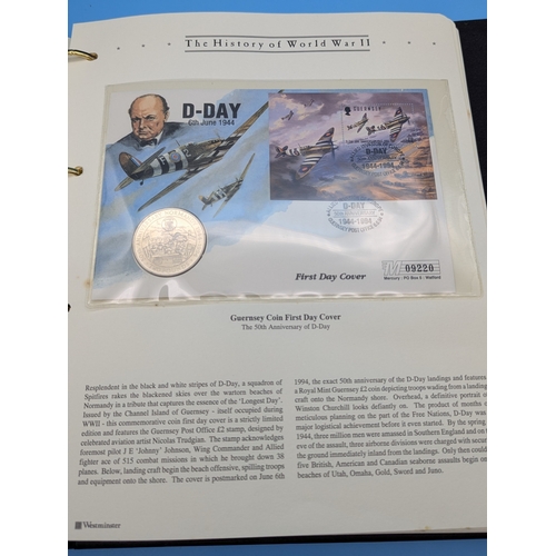 295 - An Album of Stamps and Coin Covers including WWII, Bobby Charlton Genuine Autograph etc