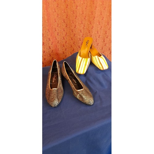 2371 - 2 x Pairs of Vintage Ladies Shoes ; Fiero Spanish Slip On Shoes with Small Heel, Woven Fabric, Easip... 