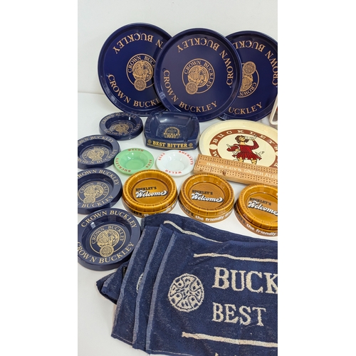 631 - A Large Quantity Of Buckley's Brewery Ashtrays, Trays, Jugs, Cribbage Boards Etc.