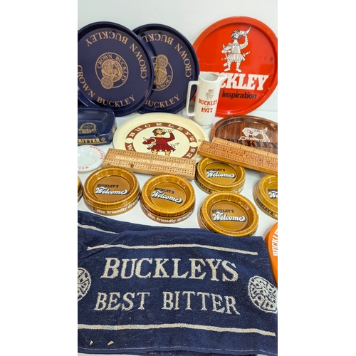 631 - A Large Quantity Of Buckley's Brewery Ashtrays, Trays, Jugs, Cribbage Boards Etc.