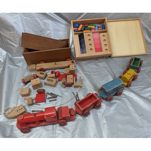 1858 - Vintage Wooden Pull Along Train, Wooden Building Set, And Game