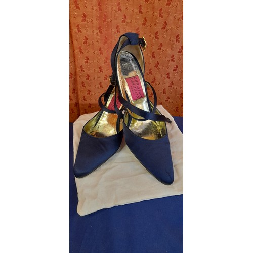 2379 - A Pair of Christian Lacroix Paris, Royal Blue Satin Shoes with Gold Lining, and Diamante Buckles.  7... 