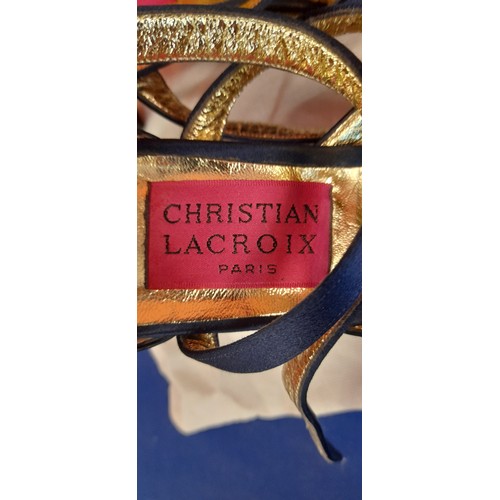 2379 - A Pair of Christian Lacroix Paris, Royal Blue Satin Shoes with Gold Lining, and Diamante Buckles.  7... 