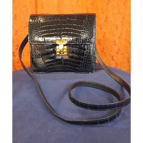 2380 - Lana of London Navy Blue Snakeskin Unused Bag with Long Shoulder Strap. Unusual Opening Clasp. 18cm ... 