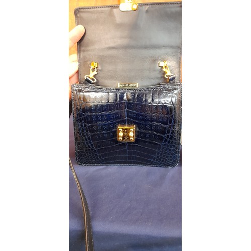 2380 - Lana of London Navy Blue Snakeskin Unused Bag with Long Shoulder Strap. Unusual Opening Clasp. 18cm ... 