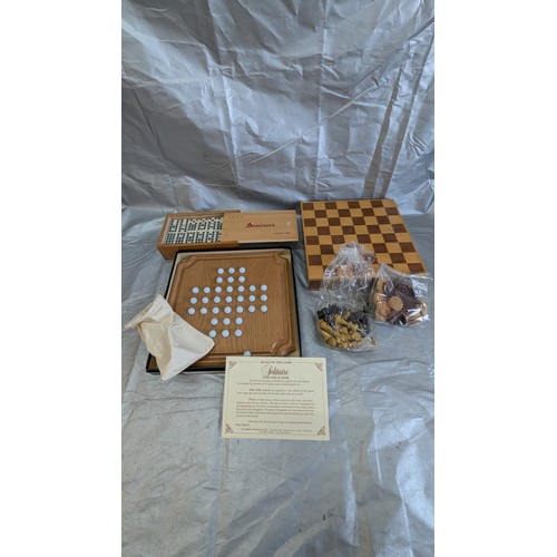 1787 - 3x Wooden Games - Chess & Draughts, Dominoes And Solitaire