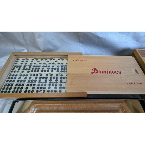 1787 - 3x Wooden Games - Chess & Draughts, Dominoes And Solitaire