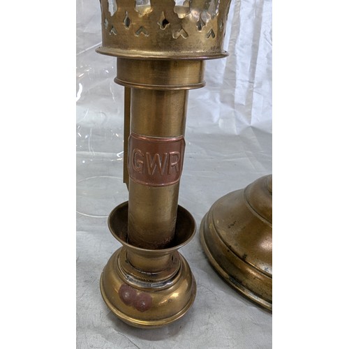 812 - A Brass Oil Lamp, Brass Wall Lamps, And Spare Chimney