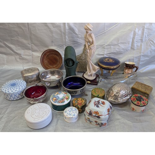 815 - An Assortment Of Trinket Pots, Chinaware And Figurines, Plateware, Green Man Etc.