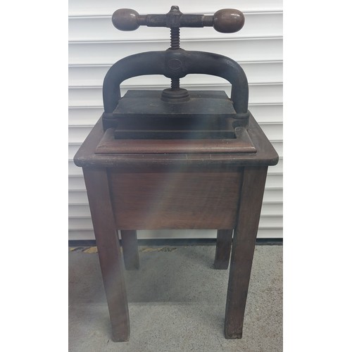 905 - Small Iron Book Press On Wooden Stand With One Drawer - 105 x 50 x 40cm