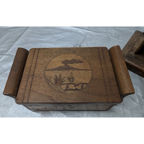 594 - A Selection Of Wooden Items Including Cigarette Case, And Punch Wood Bank