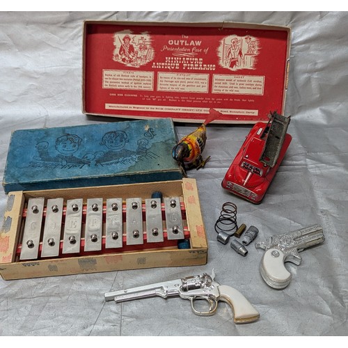 1797 - 2x Vintage Tin Plate Toys, And Outlaw Miniture Firearms Set And Xylophone