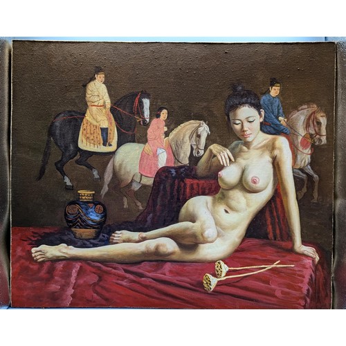 196 - Oil On Canvas Of A Nude With Chinese Riders - 60 x 50cm