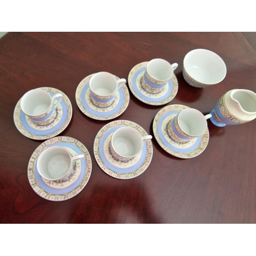 72 - Set of 6 x Vintage Tea Cups & Saucers with Matching Cream Jug and Sugar Bowl, with Pale Blue Bands a... 