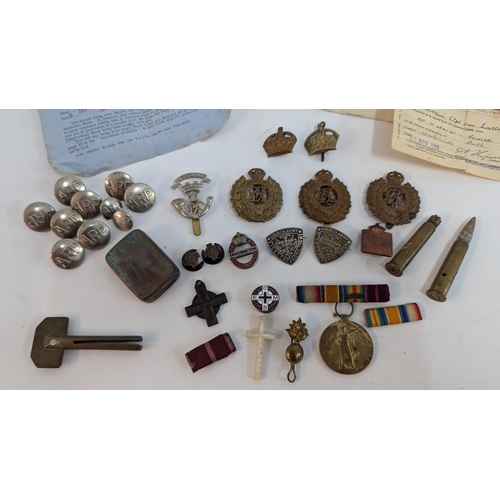 529 - Royal Engineers Cap Badges, ARP Warden Badges, Church Army Badge, Medals And Papers, Trench Art Vest... 