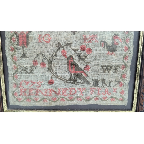 654 - An 18th Century Sampler Featuring Birds And Flowers By Kennedy Fia 1775 - 62 x 28cm