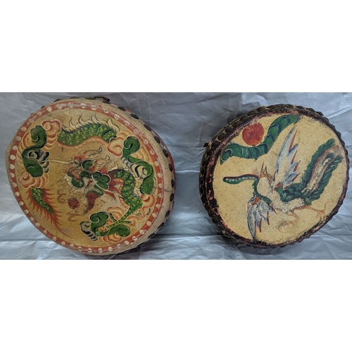 851 - 2 Antique Oriental Decorated Dragon Drums