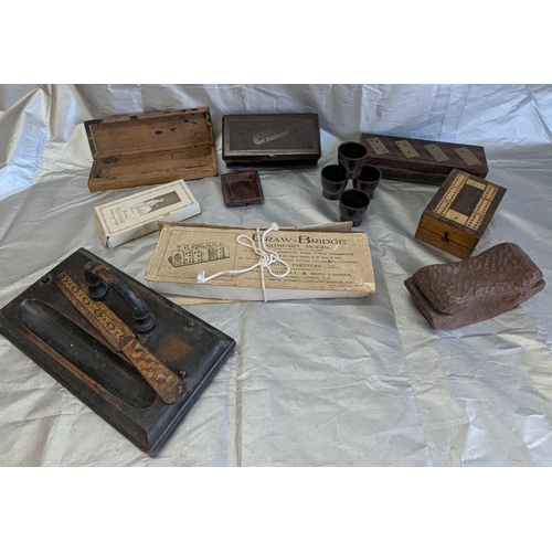 872 - Box Of Wood And Bakelite Smoking Items, Egg Cups, Brass And Wooden Dominoes And A Wooden Desk Tidy