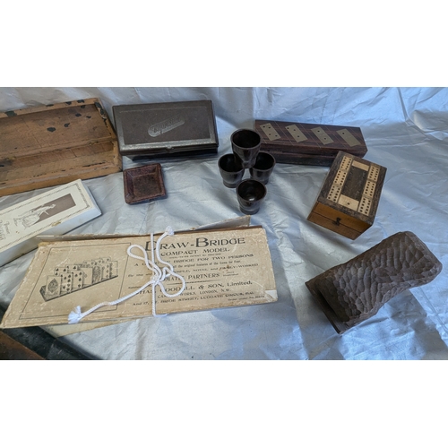 872 - Box Of Wood And Bakelite Smoking Items, Egg Cups, Brass And Wooden Dominoes And A Wooden Desk Tidy