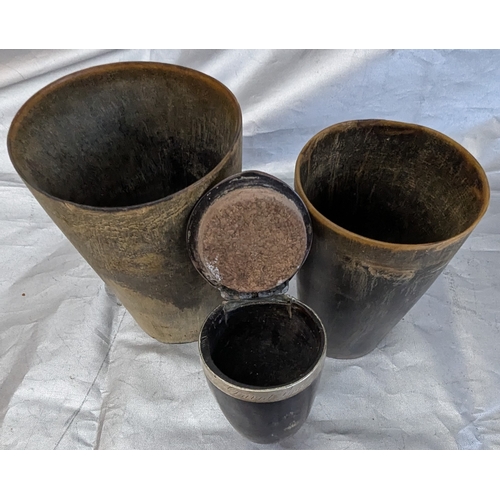 877 - 2 Horn Beakers And Metal Lidded Horn Powder Flask