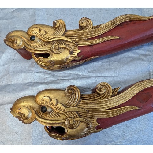 889 - A Pair Of Red Painted Curtain Poles With Hand Carved Chinese Dragons At One End, Painted Gold - 137c... 