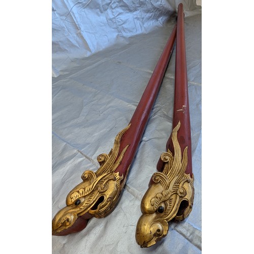 889 - A Pair Of Red Painted Curtain Poles With Hand Carved Chinese Dragons At One End, Painted Gold - 137c... 