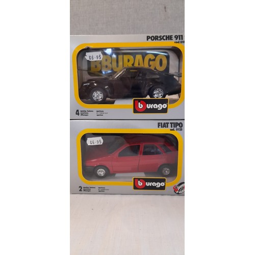 1263 - 6 x Burago Die Cast Metal Cars 1/24: Peugeot 205 Safari 0116 ( x2), Porsche 911s 0102, Fiat Tipo 012... 