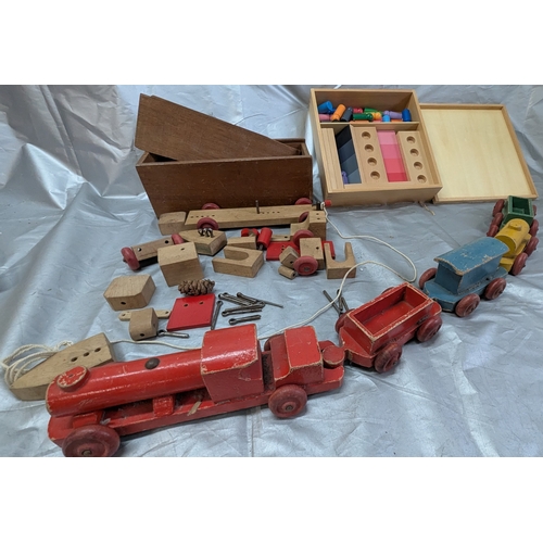 1858 - Vintage Wooden Pull Along Train, Wooden Building Set, And Game