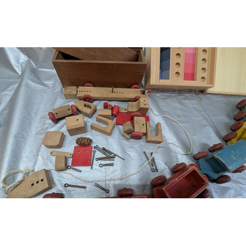 1858 - Vintage Wooden Pull Along Train, Wooden Building Set, And Game