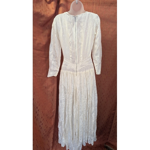 2141 - 1940's - 1950's Silk Effect Wedding Dress, Delicate Patterning, High Neck, Tapered Waist. Light Fish... 