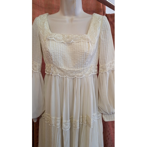 2152 - 1960's Chiffon and Lace 3 Tiered Wedding Dress , 3/4 Length with Square Neckline and Puffed Sleeves.... 