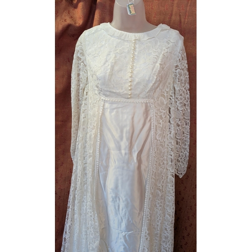 2156 - 1970's Satin Wedding Dress with High Neckline, Pearl Buttons and Embellished Lace Over Jacket attach... 