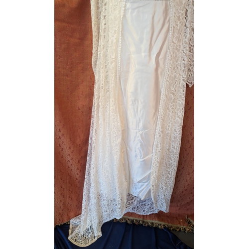 2156 - 1970's Satin Wedding Dress with High Neckline, Pearl Buttons and Embellished Lace Over Jacket attach... 