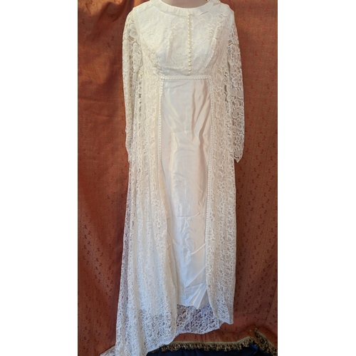 2156 - 1970's Satin Wedding Dress with High Neckline, Pearl Buttons and Embellished Lace Over Jacket attach... 