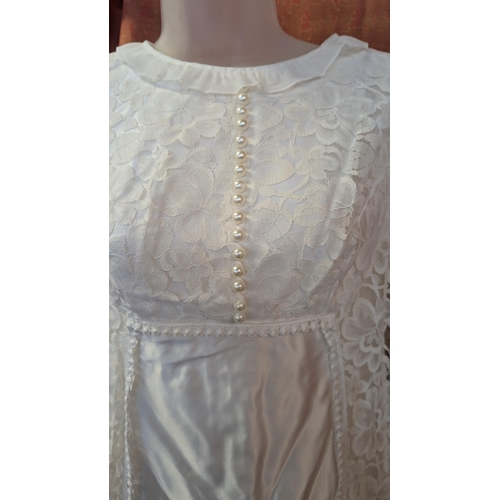 2156 - 1970's Satin Wedding Dress with High Neckline, Pearl Buttons and Embellished Lace Over Jacket attach... 