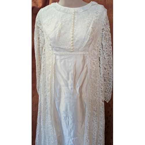 2156 - 1970's Satin Wedding Dress with High Neckline, Pearl Buttons and Embellished Lace Over Jacket attach... 