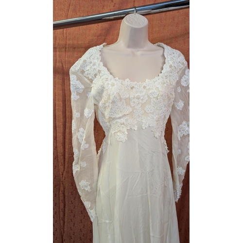 2170 - 1970's Chiffon Embroidered Wedding Dress, Scoop Neckline,Satin Underskirt, Sheer Arms with Embroider... 