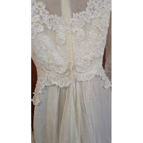 2170 - 1970's Chiffon Embroidered Wedding Dress, Scoop Neckline,Satin Underskirt, Sheer Arms with Embroider... 