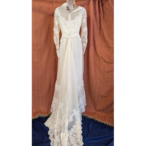 2170 - 1970's Chiffon Embroidered Wedding Dress, Scoop Neckline,Satin Underskirt, Sheer Arms with Embroider... 