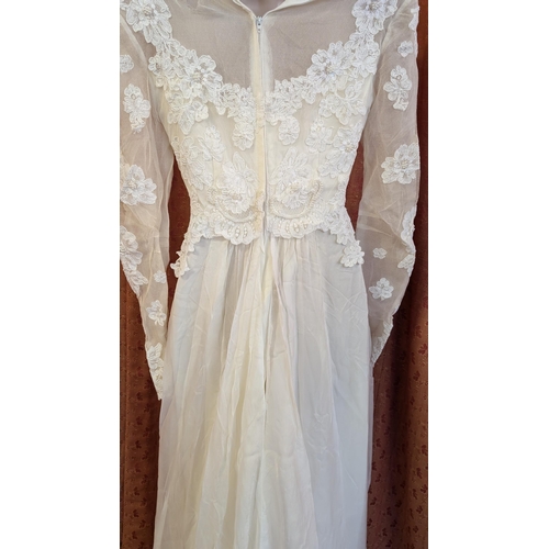 2170 - 1970's Chiffon Embroidered Wedding Dress, Scoop Neckline,Satin Underskirt, Sheer Arms with Embroider... 