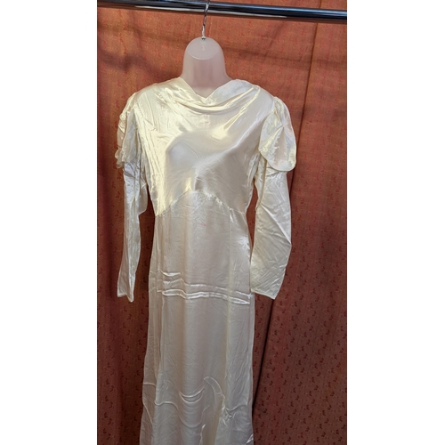 2171 - 1970's Satin Wedding Dress with Cowl Neckline, Top Ruched Sleeves with Small Train.  Lipstick mark o... 